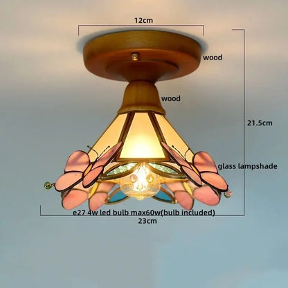 Vintage stained glass copper led ceiling lamp with pink butterfly motifs and wooden base for dining room lighting