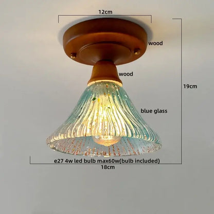 Vintage stained glass copper led ceiling lamp with warm wood base and blue glass shade for dining room lighting