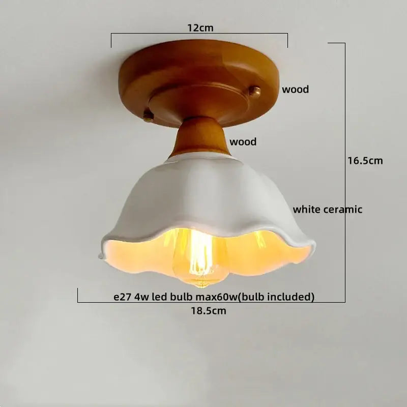 Vintage stained glass copper led ceiling lamp with warm-toned wooden base and white ceramic shade for dining room