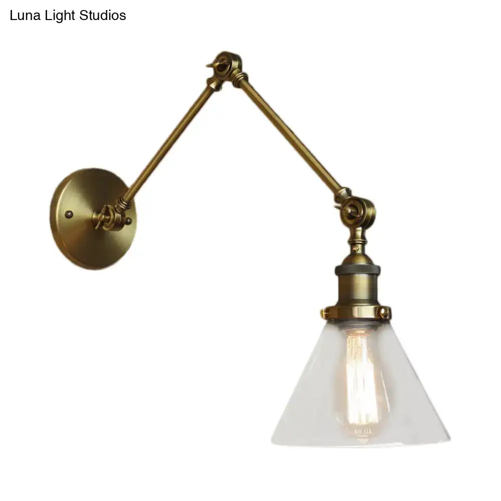 DecorBites™ vintage style wall sconce with satin brass finish, clear glass conical shade, and exposed filament bulb