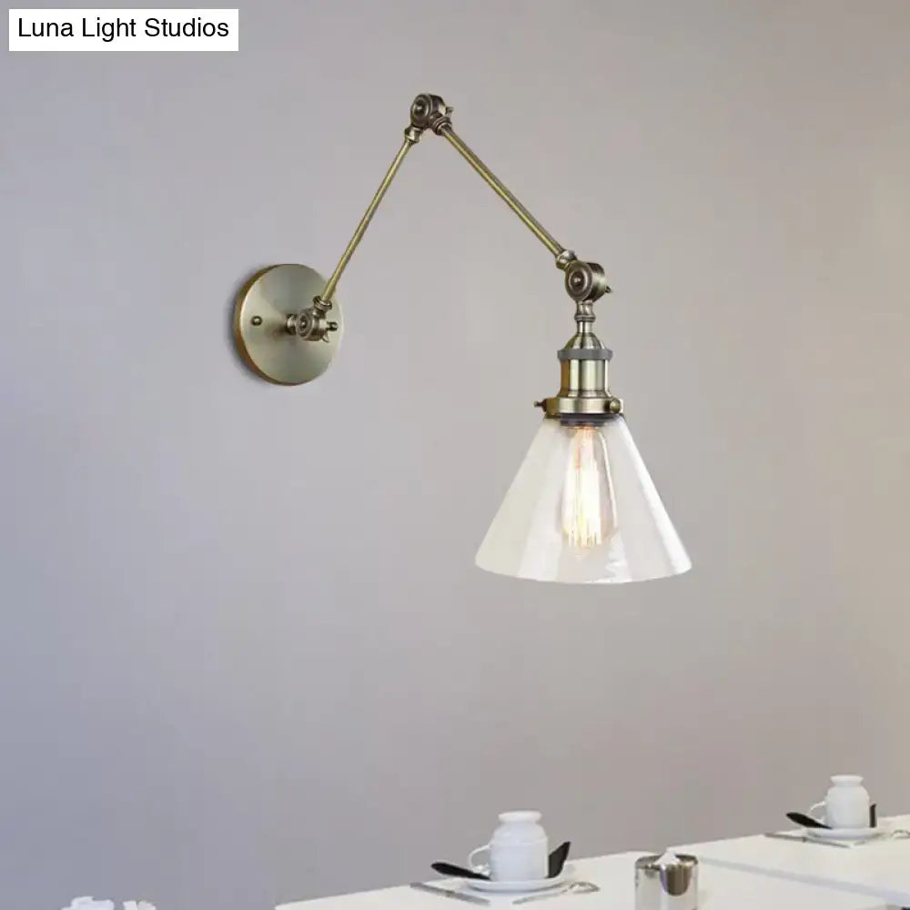 Antique brass vintage style adjustable wall sconce with clear glass conical shade for living room lighting
