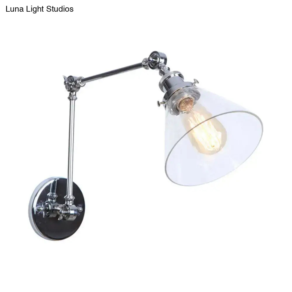 Chrome-finished vintage style wall sconce with adjustable arm clear glass shade and exposed filament bulb for living room lighting