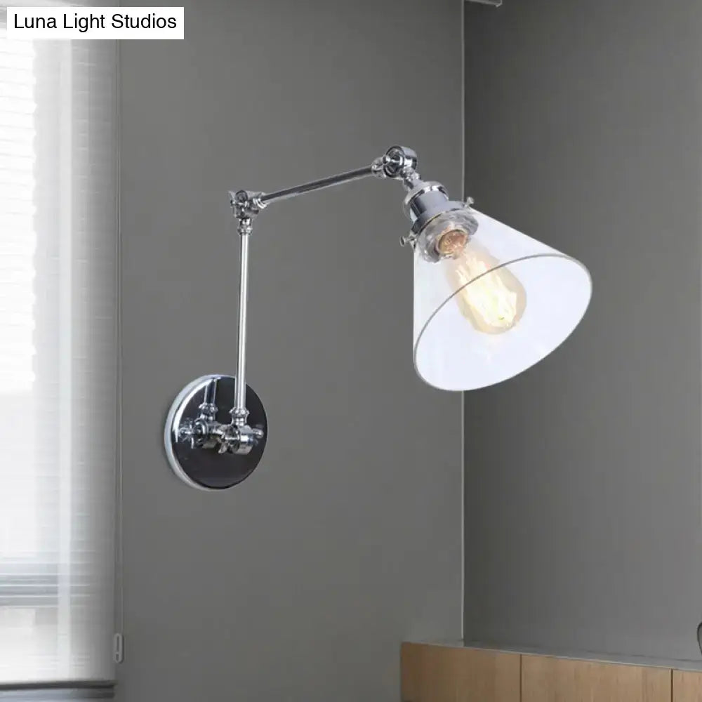 Chrome-finished DecorBites™ vintage style adjustable wall sconce with white glass shade and exposed Edison bulb