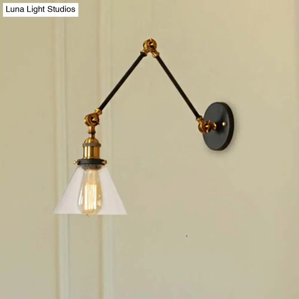 Adjustable vintage style wall sconce with clear glass shade and satin brass finish for elegant living room lighting