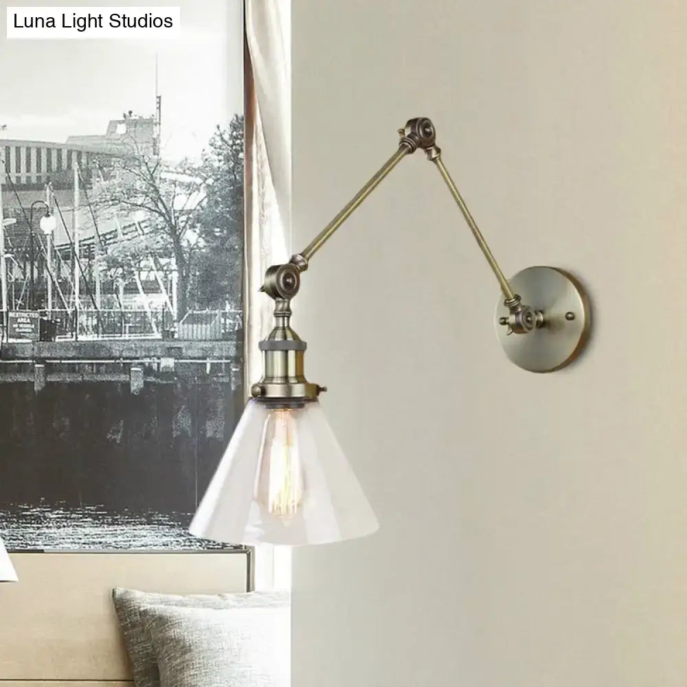 Decorbites vintage style wall sconce with satin brass articulated arm and clear glass shade for living room lighting