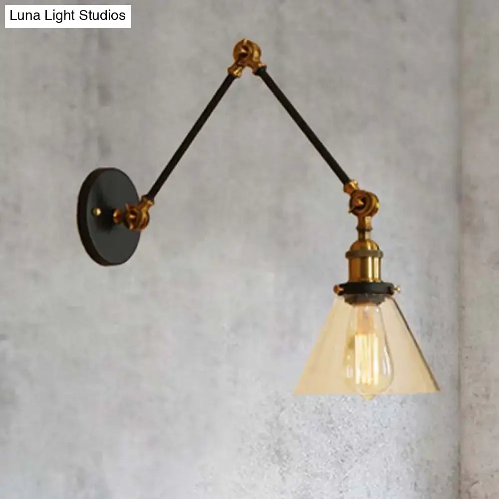 DecorBites vintage style wall sconce with black articulated arms, satin brass fittings, and clear glass shade