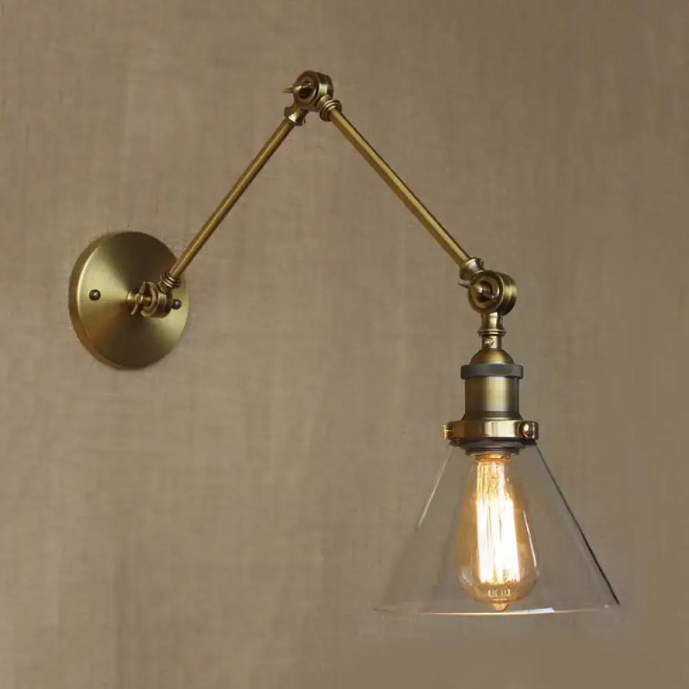 Decorbites vintage style wall sconce with adjustable brass arm satin brass finish clear glass conical shade antique brass option
