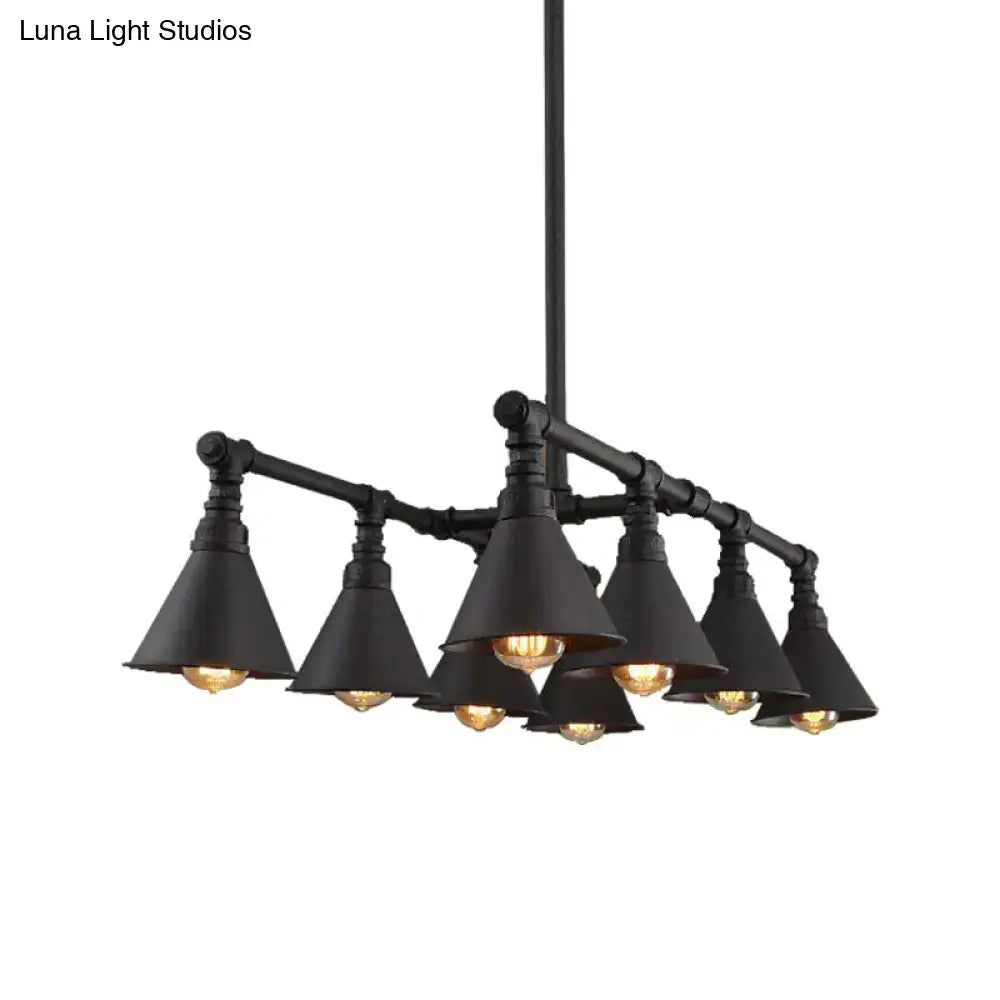 DecorBites vintage style black metal island chandelier with 8 cone pendants and exposed filament bulbs 220v-240v 110v-120v