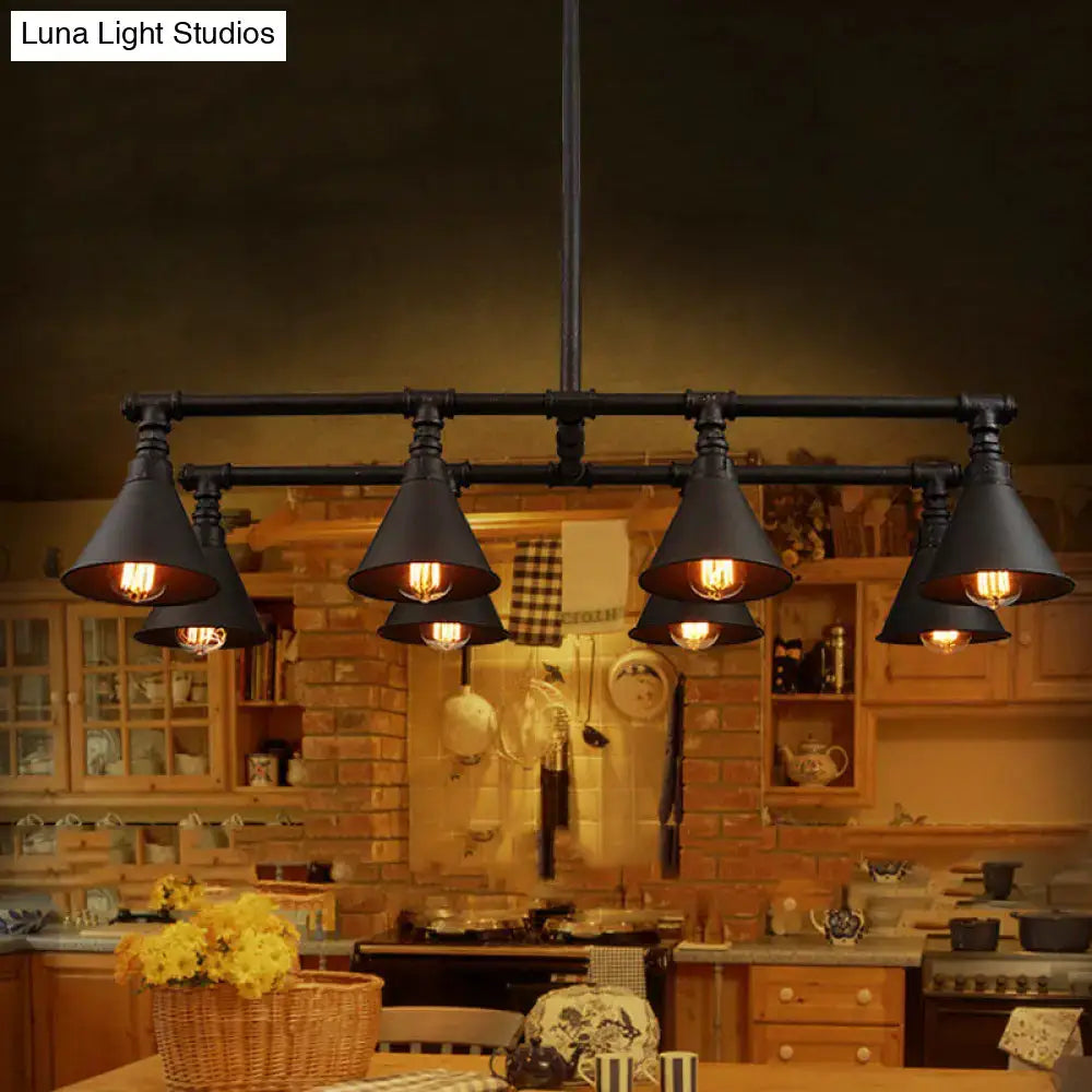 DecorBites vintage style black metal island chandelier with five conical shades and exposed filament bulbs 220v-240v 110v-120v