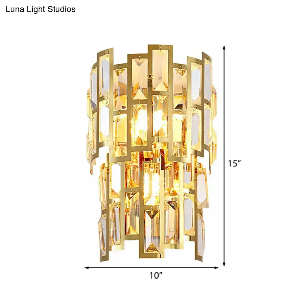 Vintage style gold tiered wall sconce with cascading rectangular crystal facets for elegant living room lighting