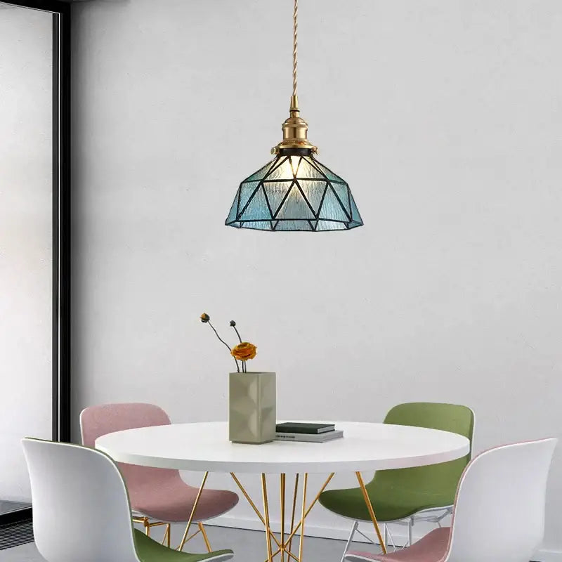 Vintage teal blue glass led pendant light with brass finish and twisted cord ideal for kitchen decorbites blue glass fixture