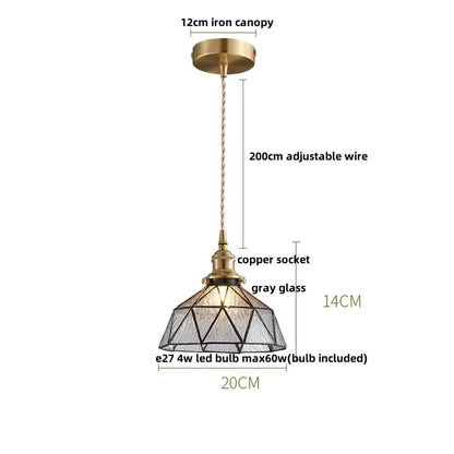 Antique brass-finished pendant light with geometric gray glass shade and copper socket for decorbites blue glass led decor