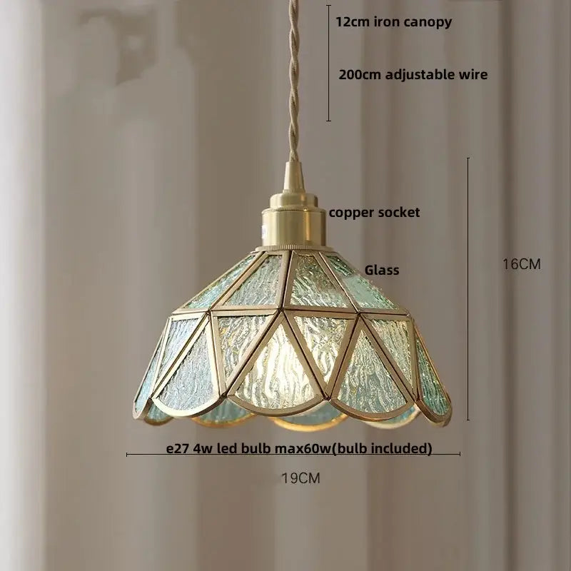 Vintage teal blue glass led pendant light with brass frame and textured translucent panels for kitchen decorbites blue glass