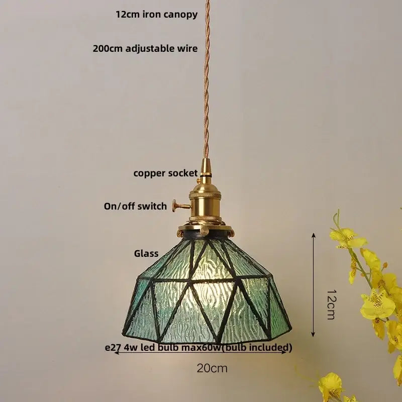 Vintage pendant light with faceted blue glass led shade and brass-finished copper socket for kitchen decorbites blue glass