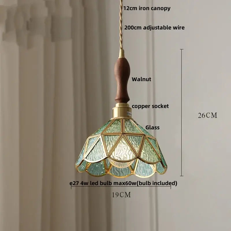 Vintage teal blue glass led pendant light with walnut wooden handle and brass accents for kitchen decorbites blue glass decor