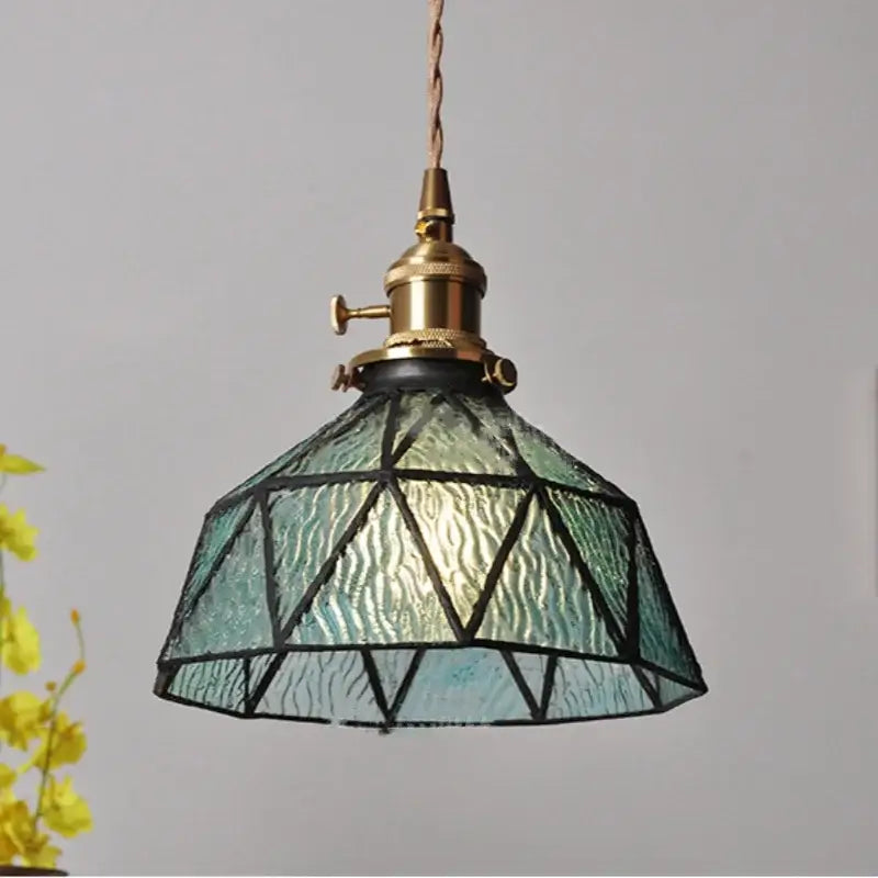 Vintage teal blue glass led pendant light with brass fixture and black lead lines for kitchen decorbites blue glass decor