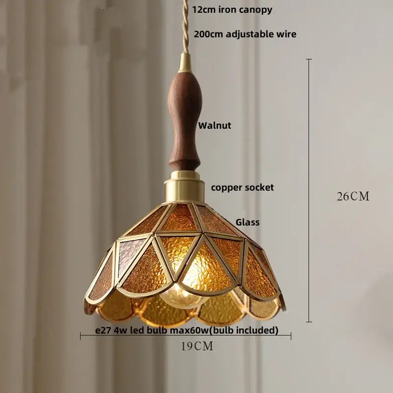Vintage teal blue glass led pendant light with warm amber stained glass, walnut handle, and brass accents for decorbites blue glass decor