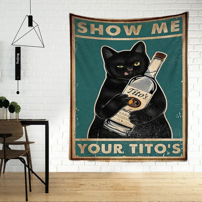 Black cat holding a bottle of tito’s vodka on a teal vintage-style cat tarot tapestry for bedroom decorbites cat tarot decor