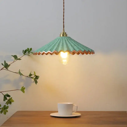 Vintage teal decorbites ceramic led pendant light with scalloped edge and brass metal frame for kitchen lighting