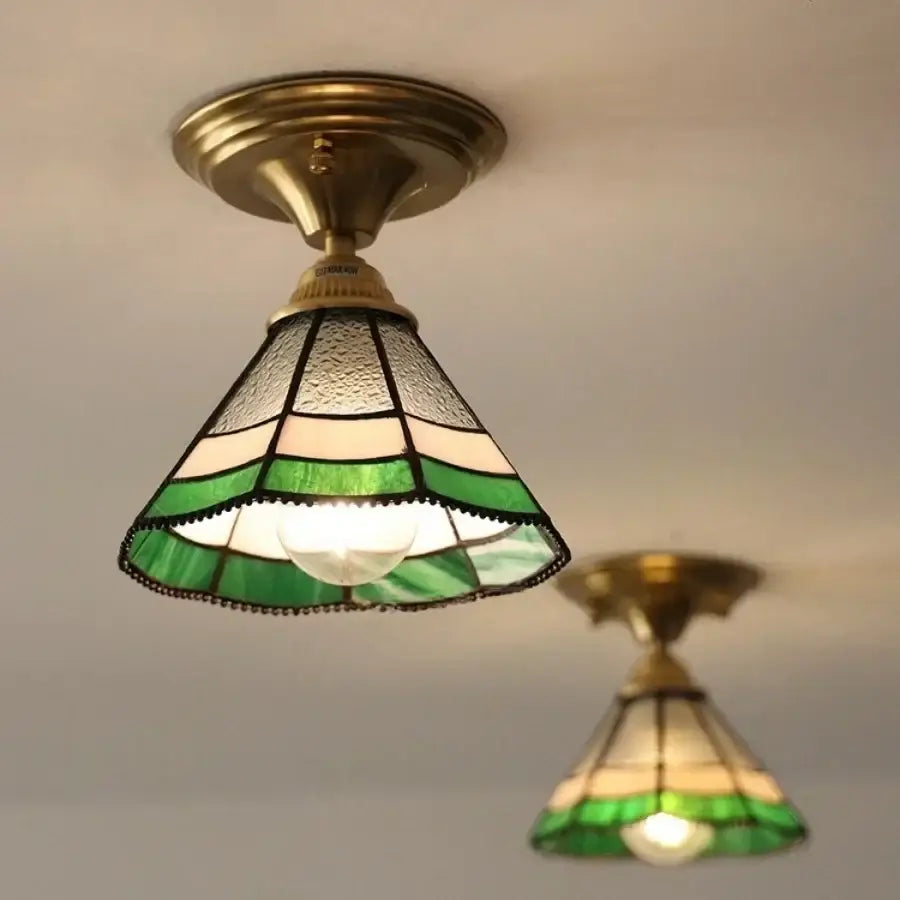 Vintage tiffany green and cream stained glass led ceiling lamp with brass fixture for bedroom lighting