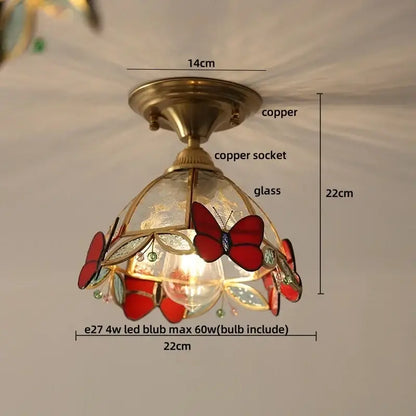Vintage tiffany stained glass led ceiling lamp featuring copper frame with red stained-glass butterflies and leaf motifs