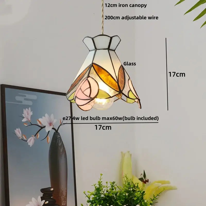 Vintage tiffany stained glass pendant lamp with floral design in soft pink amber and green hues brass vintage glass fixture