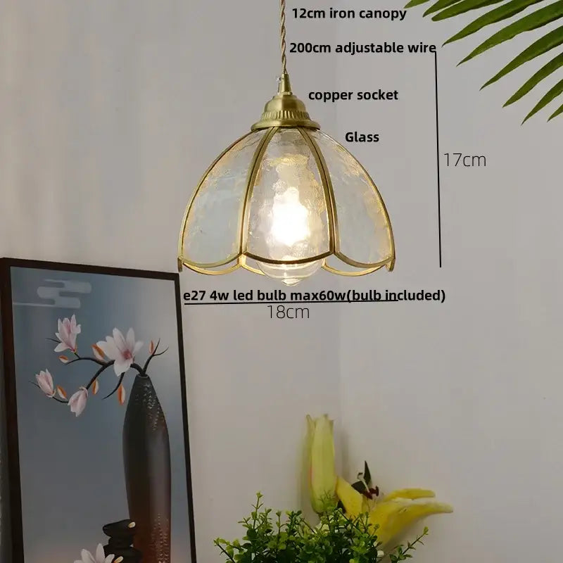 Vintage tiffany stained glass pendant lamp with brass vintage glass flower shade and adjustable copper socket decorbites brass vintage