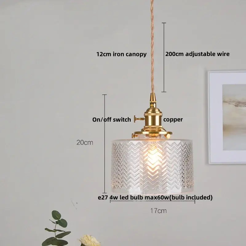 Vintage walnut and brass glass led pendant lamp with textured chevron glass and adjustable copper wire fittings