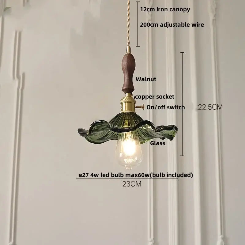 Vintage walnut and brass glass led pendant lamp with green glass and wooden handle for dining room lighting