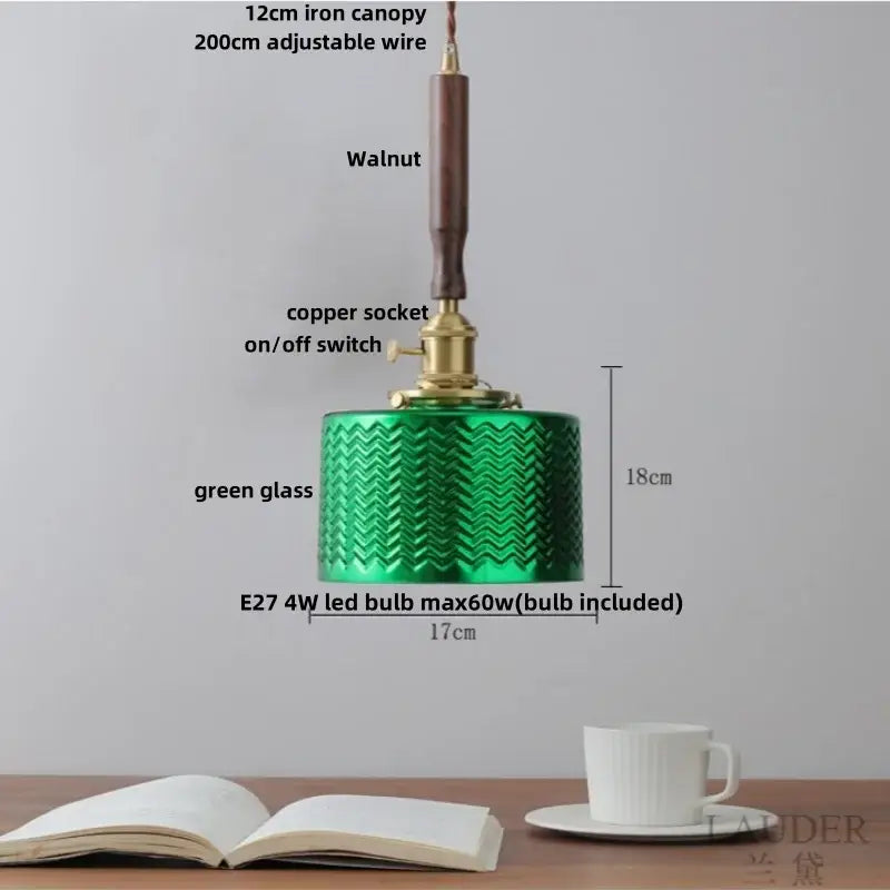 Vintage walnut and brass glass led pendant lamp with green glass shade and iron canopy for dining room lighting