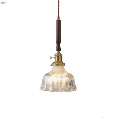 Vintage walnut and brass glass led pendant lamp with ribbed clear glass shade and dark brown wooden handle for dining room