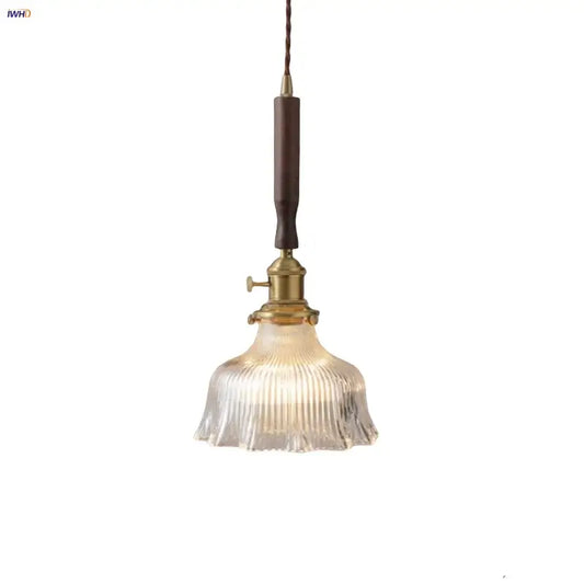 Vintage walnut and brass glass led pendant lamp with ribbed clear glass shade and dark brown wooden handle for dining room