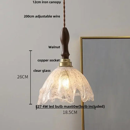 Vintage walnut and green glass pendant light with textured petal design and led wood walnut iron canopy for dining room decorbites led wood