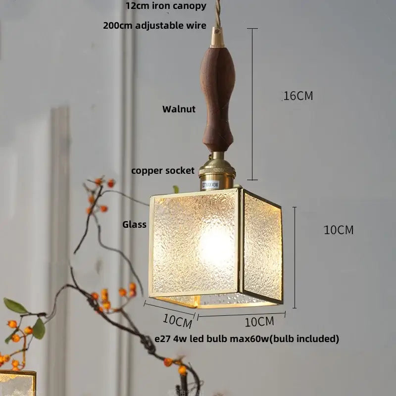 A square vintage walnut led wood pendant light with textured golden glass and dark walnut handle for dining room decorbites led wood