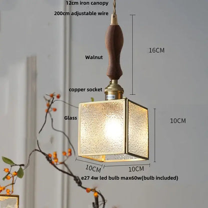 A square vintage walnut led wood pendant light with textured golden glass and dark walnut handle for dining room decorbites led wood