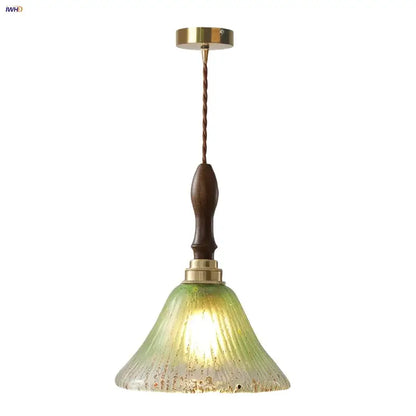Vintage walnut and green glass led wood pendant light with brass accents and dark wood handle for dining room decorbites led wood
