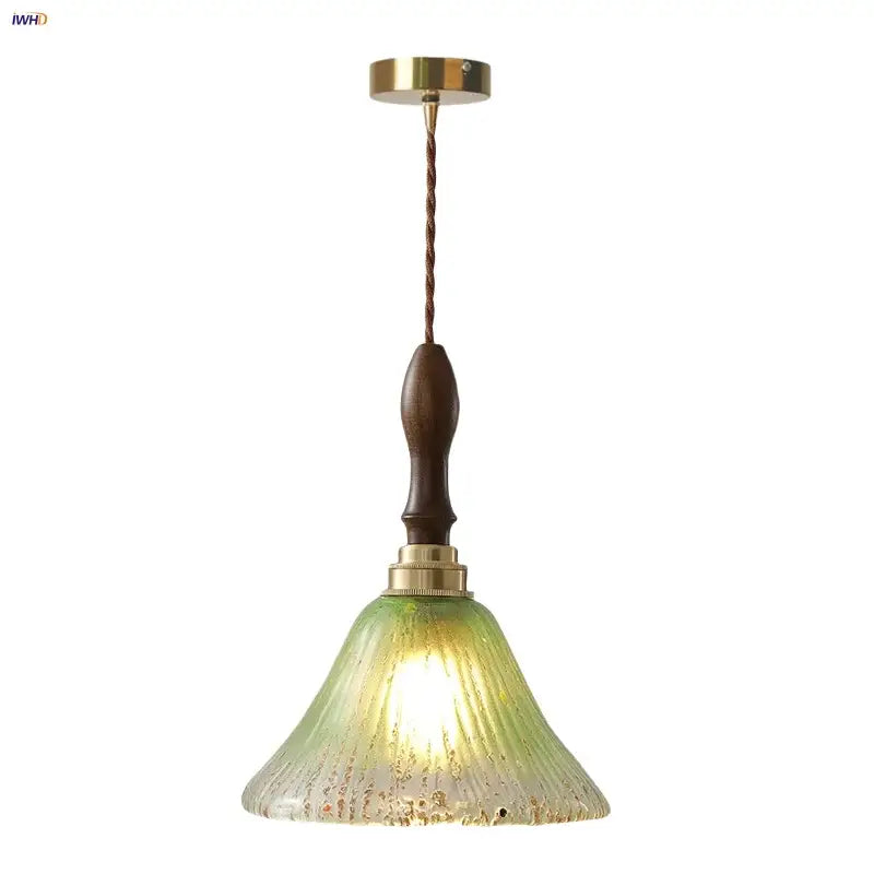 Vintage walnut and green glass led wood pendant light with brass accents and dark wood handle for dining room decorbites led wood