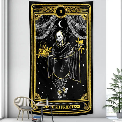 Black and gold tarot witchcraft tapestry featuring the high priestess skeleton with flowers in starry night decorbites black
