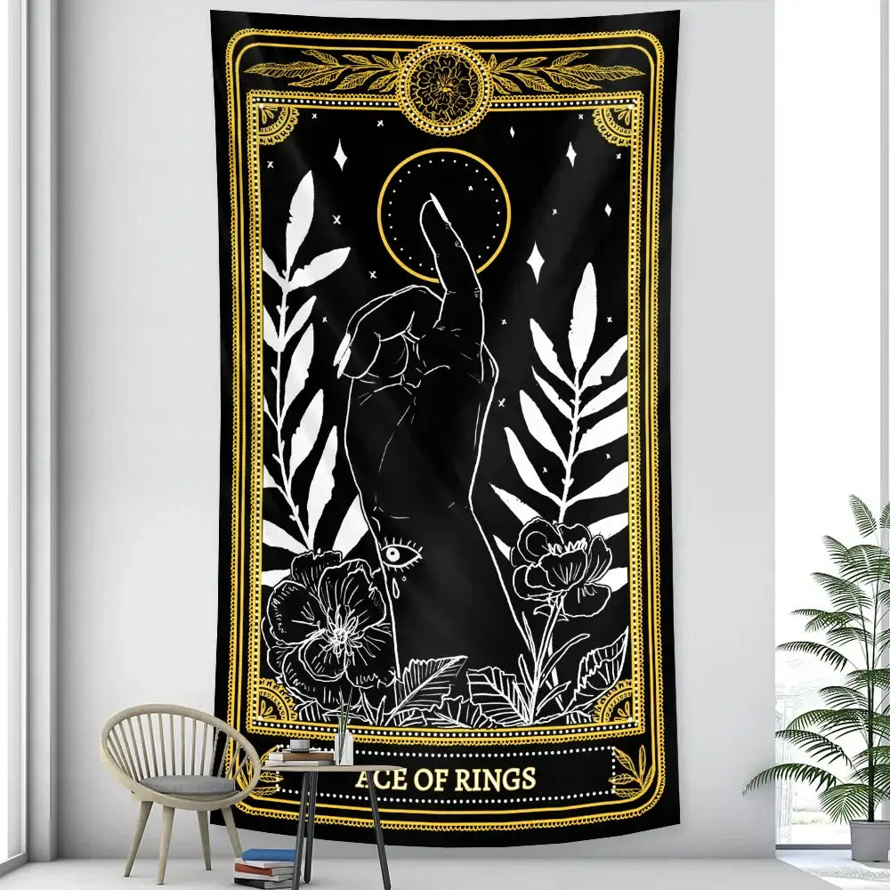 Black and gold vintage wheel of fortune tarot witchcraft tapestry with mystical hand and ornate botanical decorbites black design
