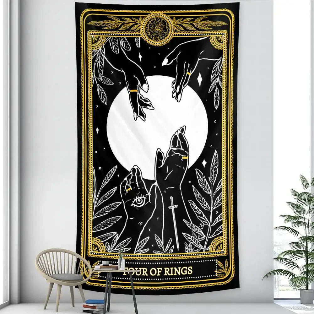 Black and gold tarot witchcraft tapestry with white moon and mystical hands for bedroom wall decor by decorbites black