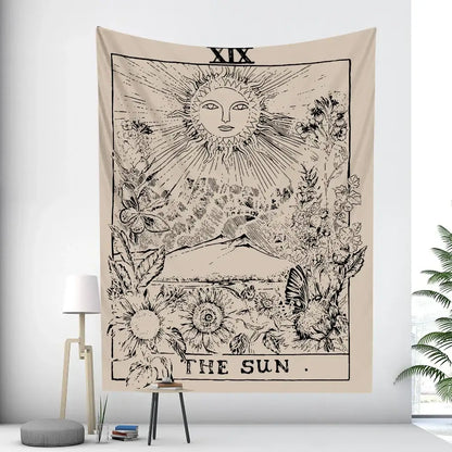 Beige tapestry with black line-art sun tarot card featuring flowers and butterflies for white tarot witchcraft decorbites black