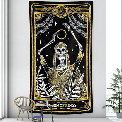 Black and gold vintage wheel of fortune tarot witchcraft tapestry with regal skeleton queen of rings decorbites black design