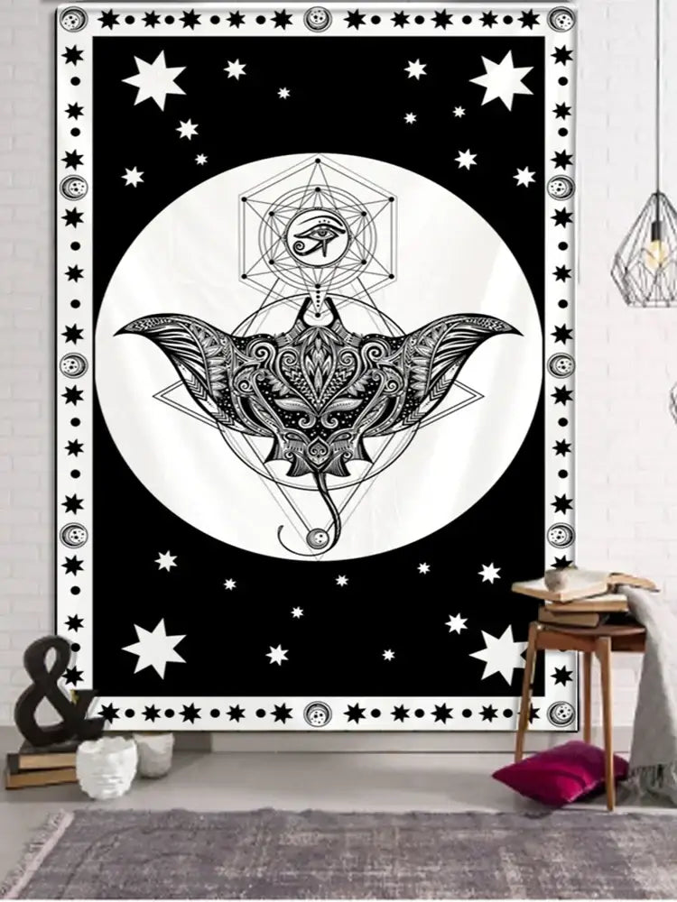 Vintage wheel of fortune tarot witchcraft tapestry featuring ornate black and white manta ray moon decorbites black design
