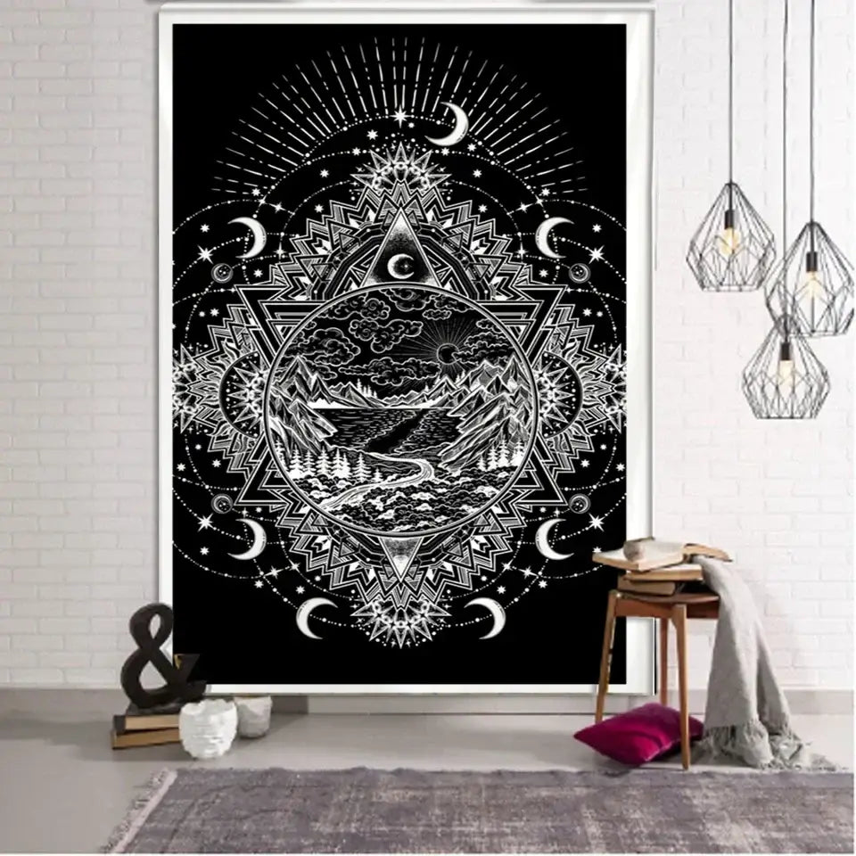 Black tapestry with intricate white tarot witchcraft line art featuring mountains moons and stars for decorbites black wall decor
