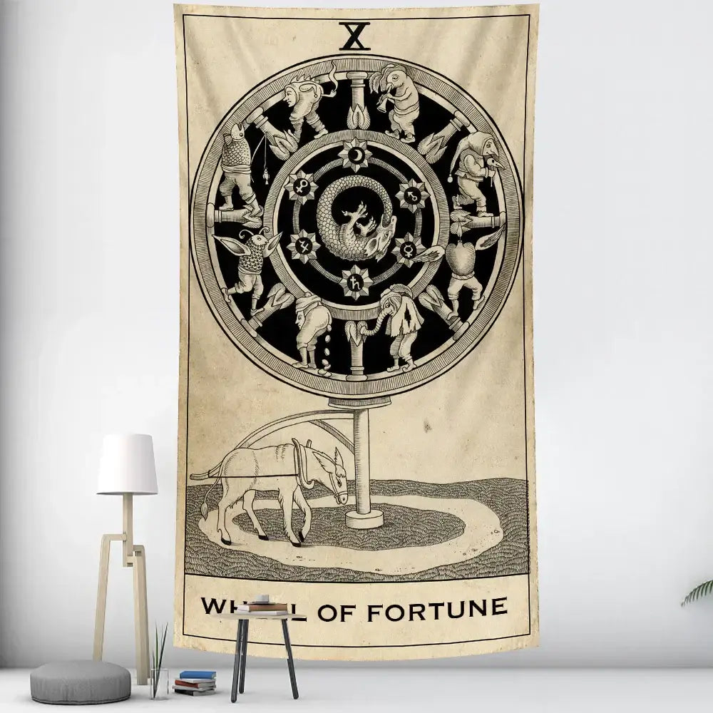 Vintage wheel of fortune tarot witchcraft tapestry in beige with black and white detailed illustration for bedroom decorbites black