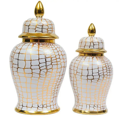 Vintage white and gold ceramic leopard print checkmate jar with gold mosaic crackle glaze and golden lid decorbites leopard print