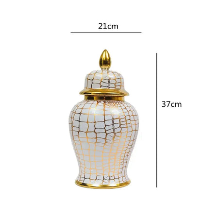 Vintage white and gold checkmate jar with crackled glaze and leopard print accents by decorbites for living room decor