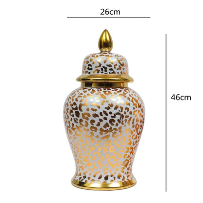 Vintage white ceramic checkmate jar with gold leopard print and metallic accents for living room decorbites leopard print