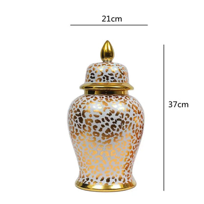 Vintage white ceramic checkmate jar with gold leopard print and golden accents for decorbites leopard print decor