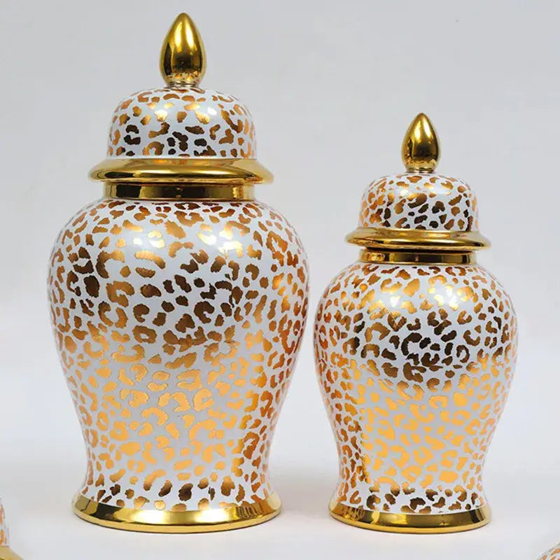 Vintage white ceramic checkmate jar with gold leopard print and golden lids for decorbites leopard print decor